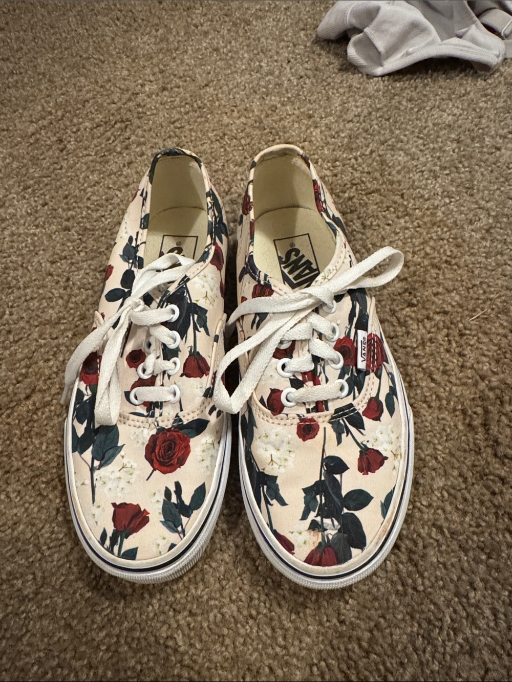 Vans Women's Cream Canvas Sneakers with Red Rose Print